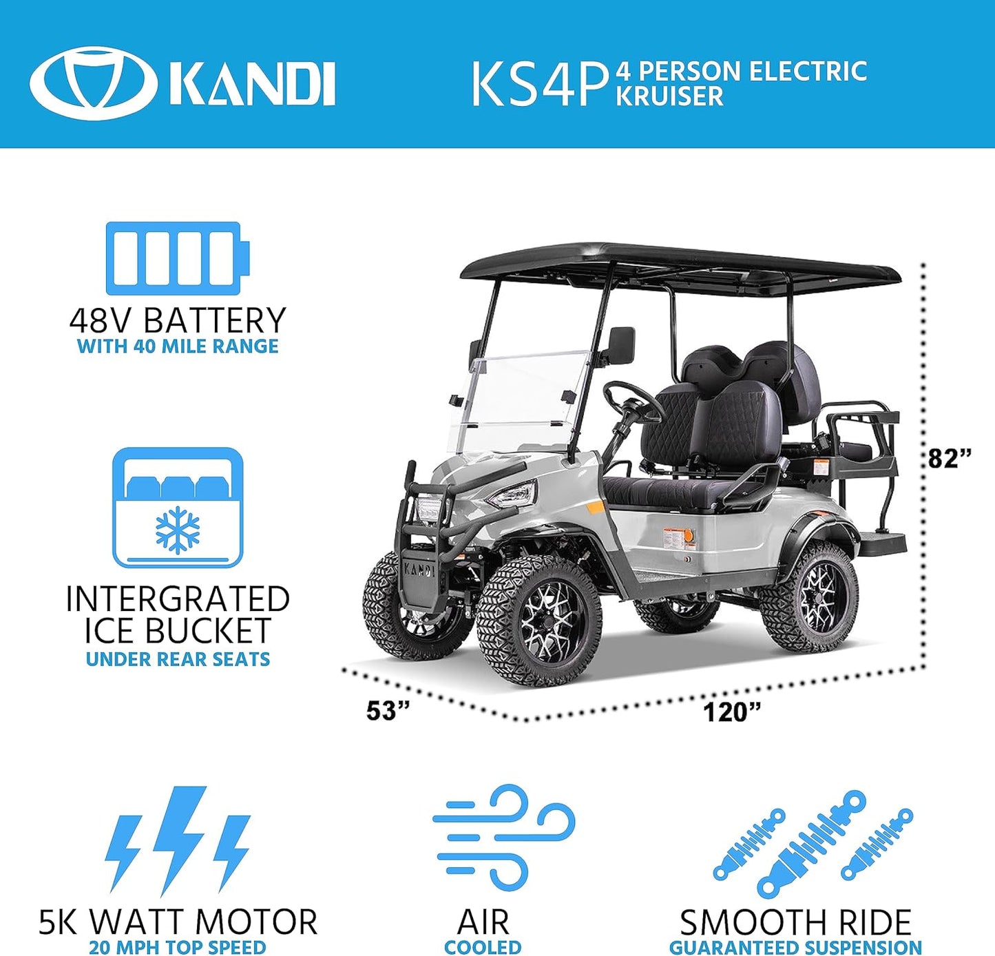 Kandi America 4 Passenger Electric Cruiser for Adults – Powerful 5,000-Watt Electric Motor- Electric Cart 4 Seats – Heavy Duty Golf Cart – Electric Passenger Cart –